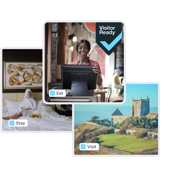 Three images showing stay, eat and visit businesses that can be Visitor Ready